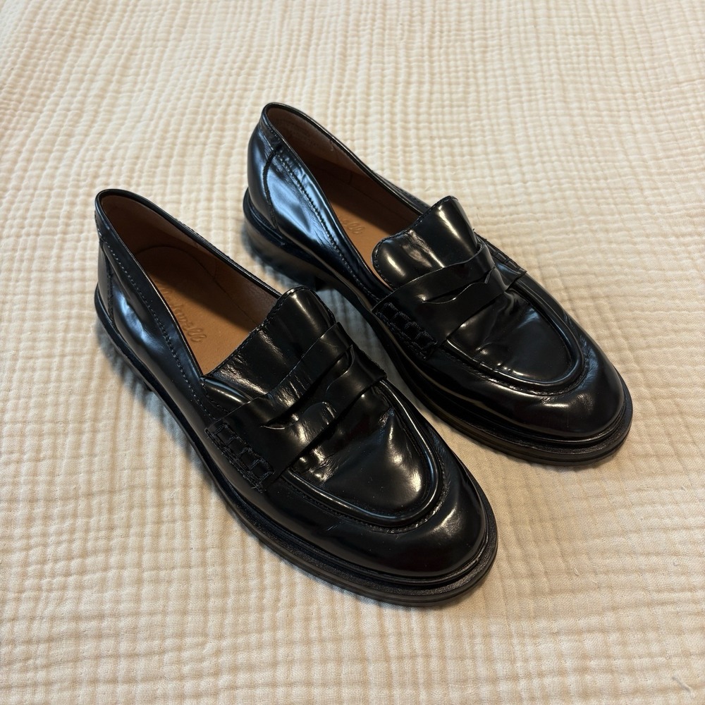 Madewell Black Leather Penny Loafers Womens Size 8.5 Vernon Chunky Platform